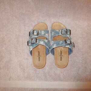 Minnetonka Patchwork Denim Sandals Size 7 Slide Fringe Slip On Boho Grunge 90s